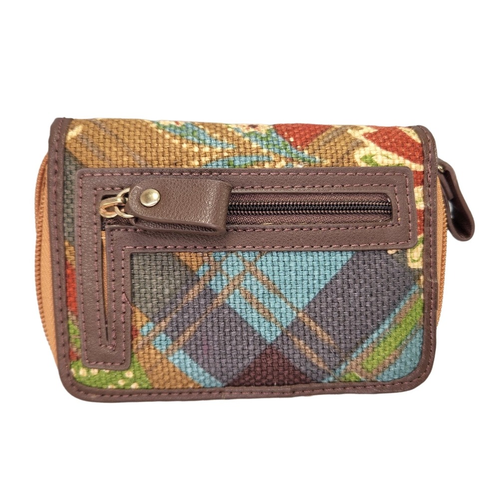 Spartina 449 Zip Around Wallet Linen Leather Floral Plaid Brown Purse Accessory